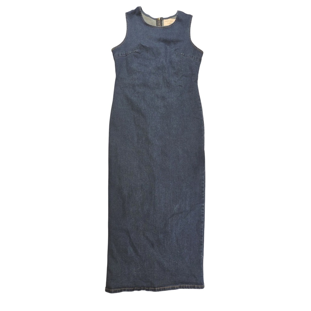Full Length Maxi Blue Denim Jean Fitted Pencil Dress Sleeveless Round Neck L Zip